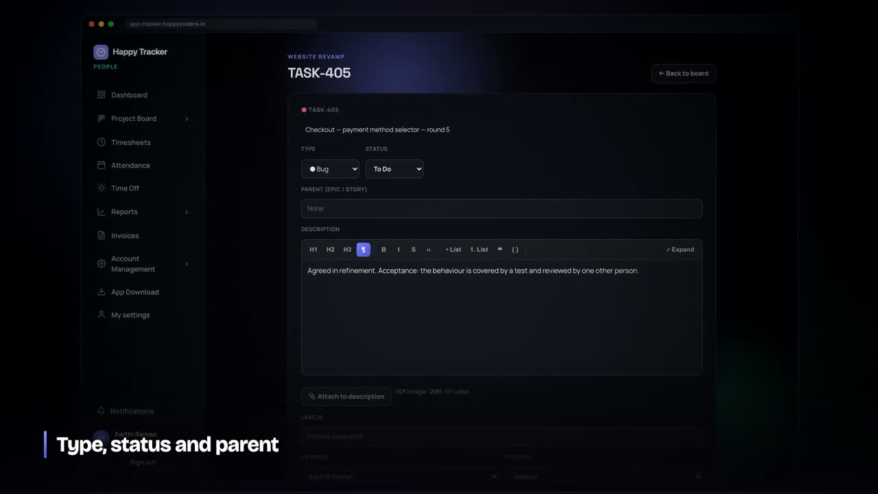 Inside a task: description, comments, attachments, estimate and tracked time.