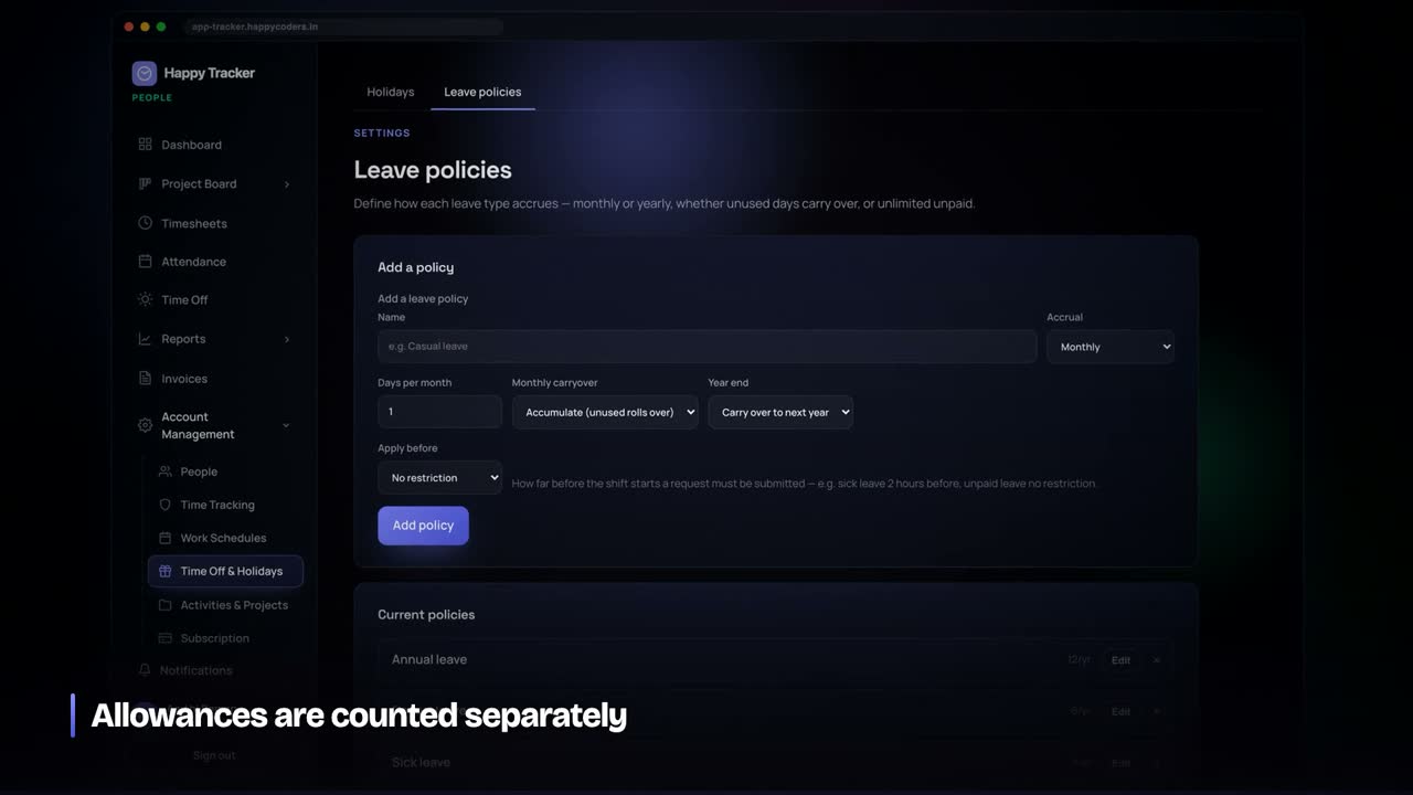 Leave policies: allowance, accrual, carryover and notice.